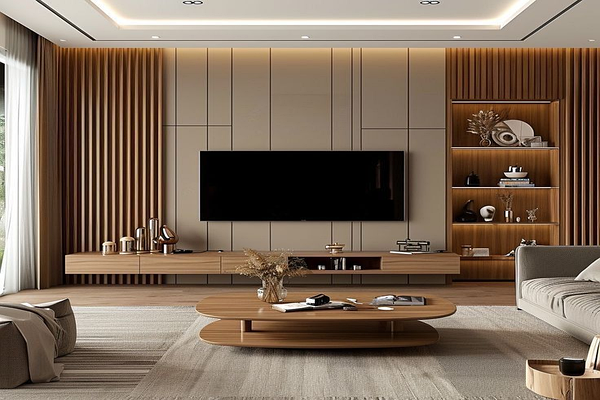 Elegant Wood & Fabric TV Wall