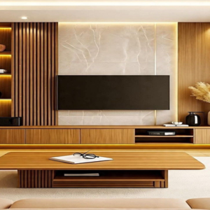 Elegant Wood & Marble TV Wall